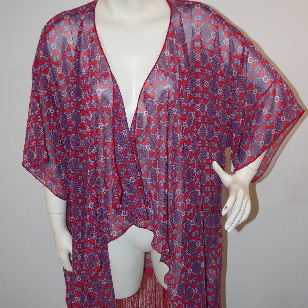 LuLaRoe Monroe Open Kimono Size Large Bohemian Chiffon Fringe Red White Blue